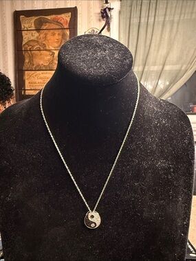Sterling silver Ying and yang pendant necklace with genuine diamond stone, Pave